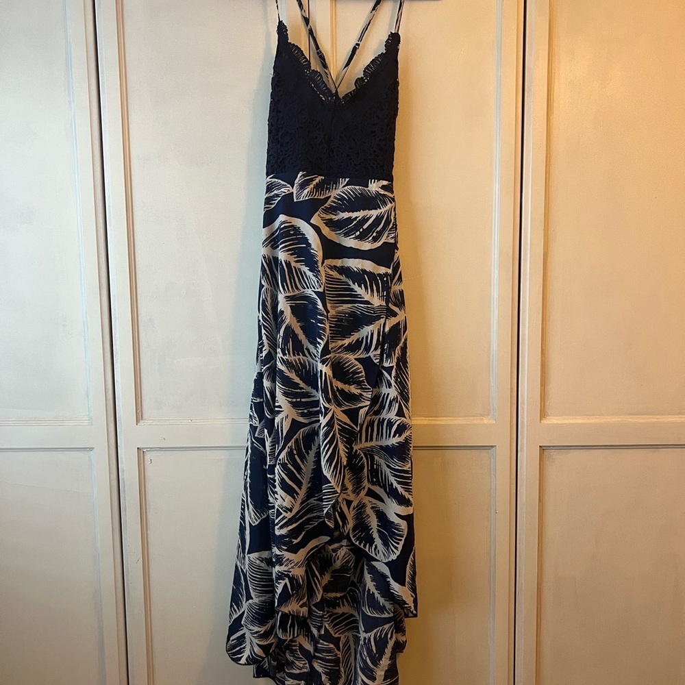 Elegant Navy and Cream Leaf Print Dress